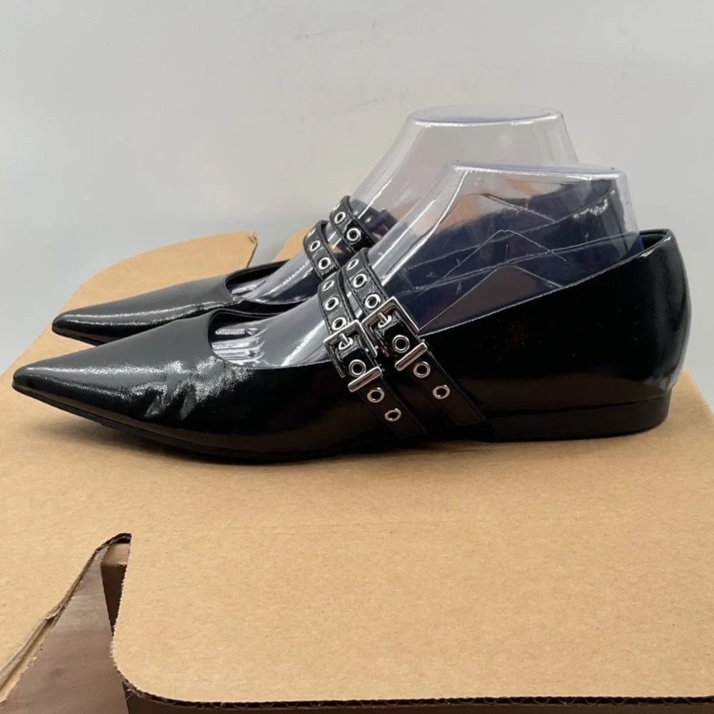 Open Edit Black Patent Pointed Toe Mary Jane Flats Double Grommet Buckle Straps